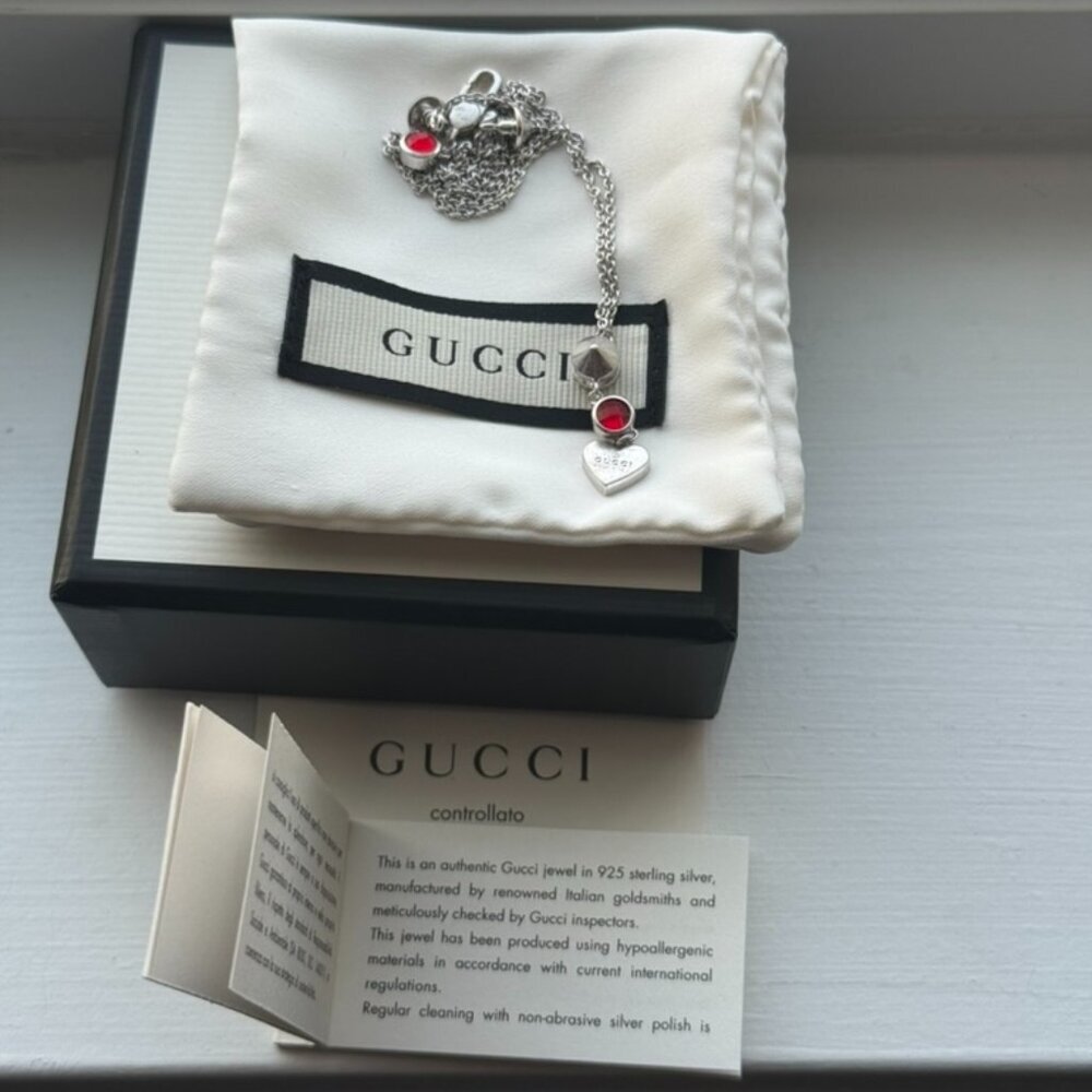 Gucci 925 Sterling Silver Red Heart Pendant Necklace with Box & Dustbag